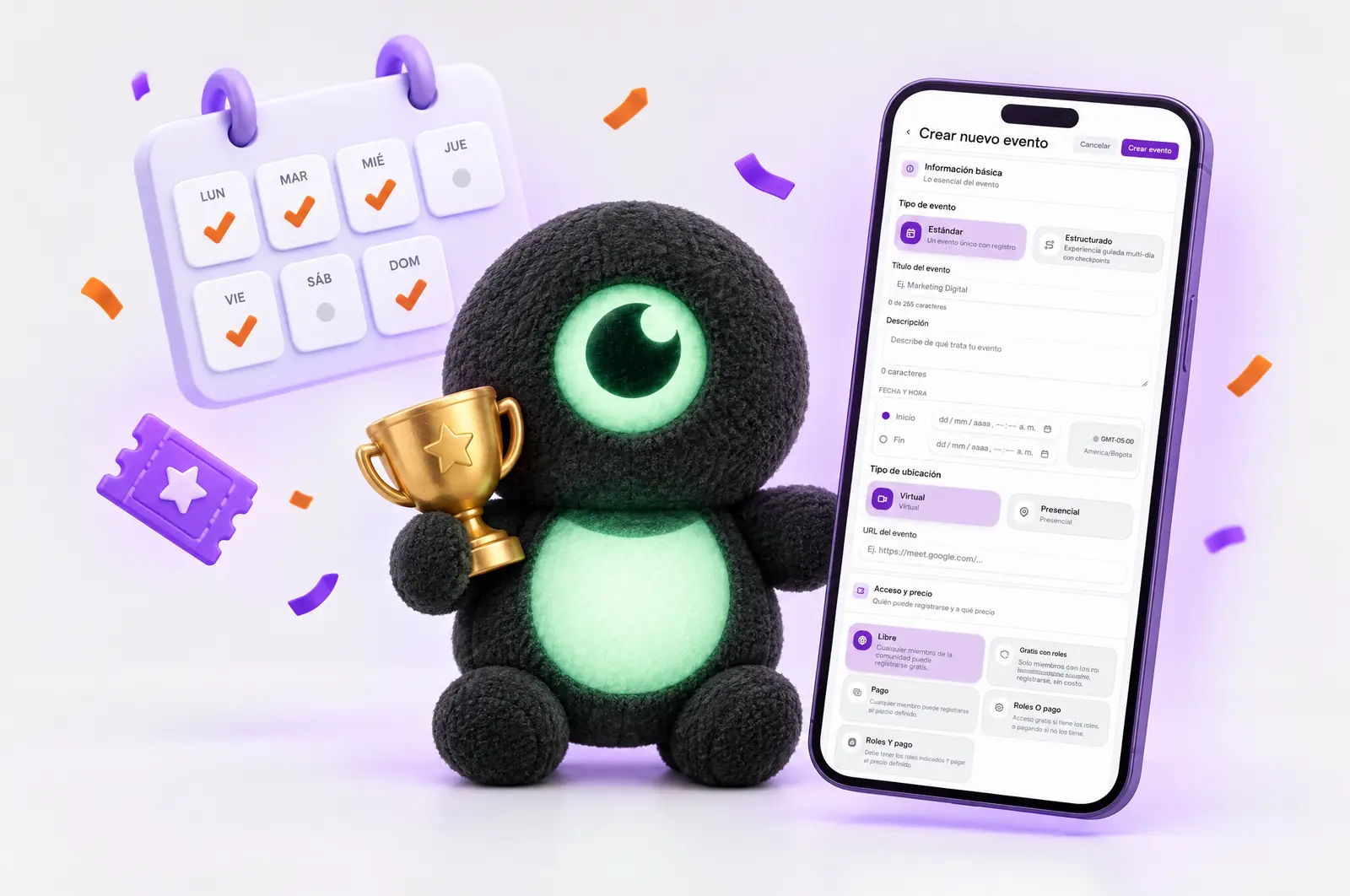 We sostiene un trofeo junto a un teléfono con la pantalla real de crear evento en WEMANY y un calendario de siete días