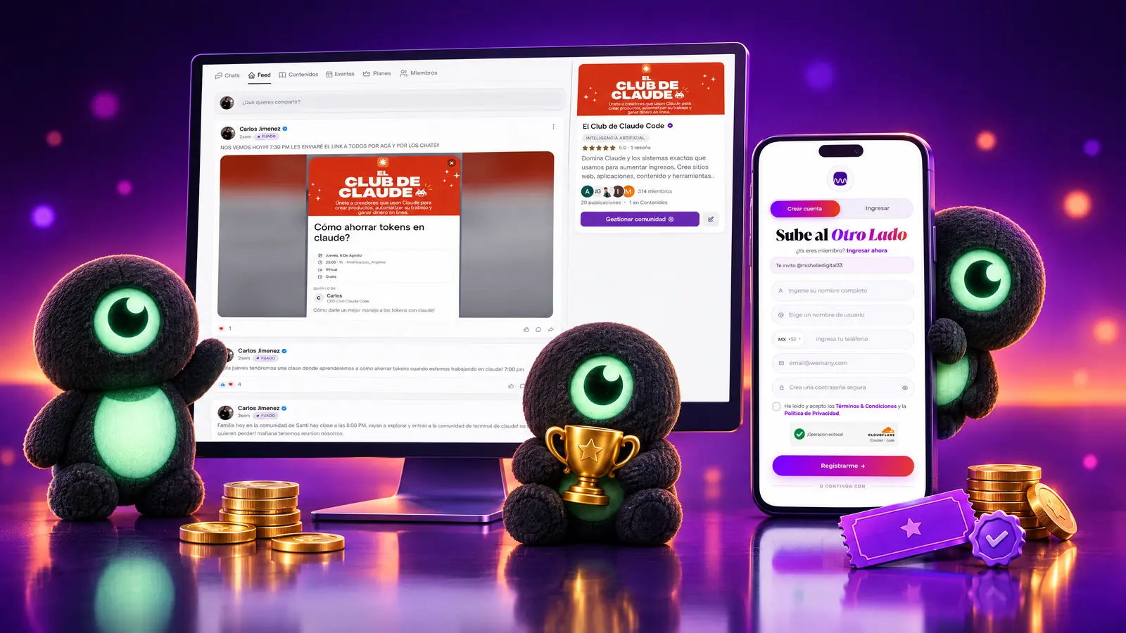 WEMANY en web y móvil: un monitor con el feed real de una comunidad, un celular con el registro de la app y tres We alrededor con monedas, tickets y un trofeo