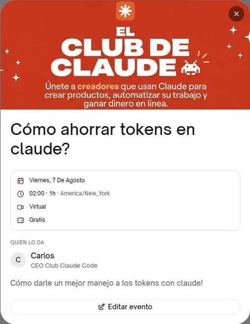 Detalle de un evento: Cómo ahorrar tokens en Claude, viernes 7 de agosto, virtual y gratis