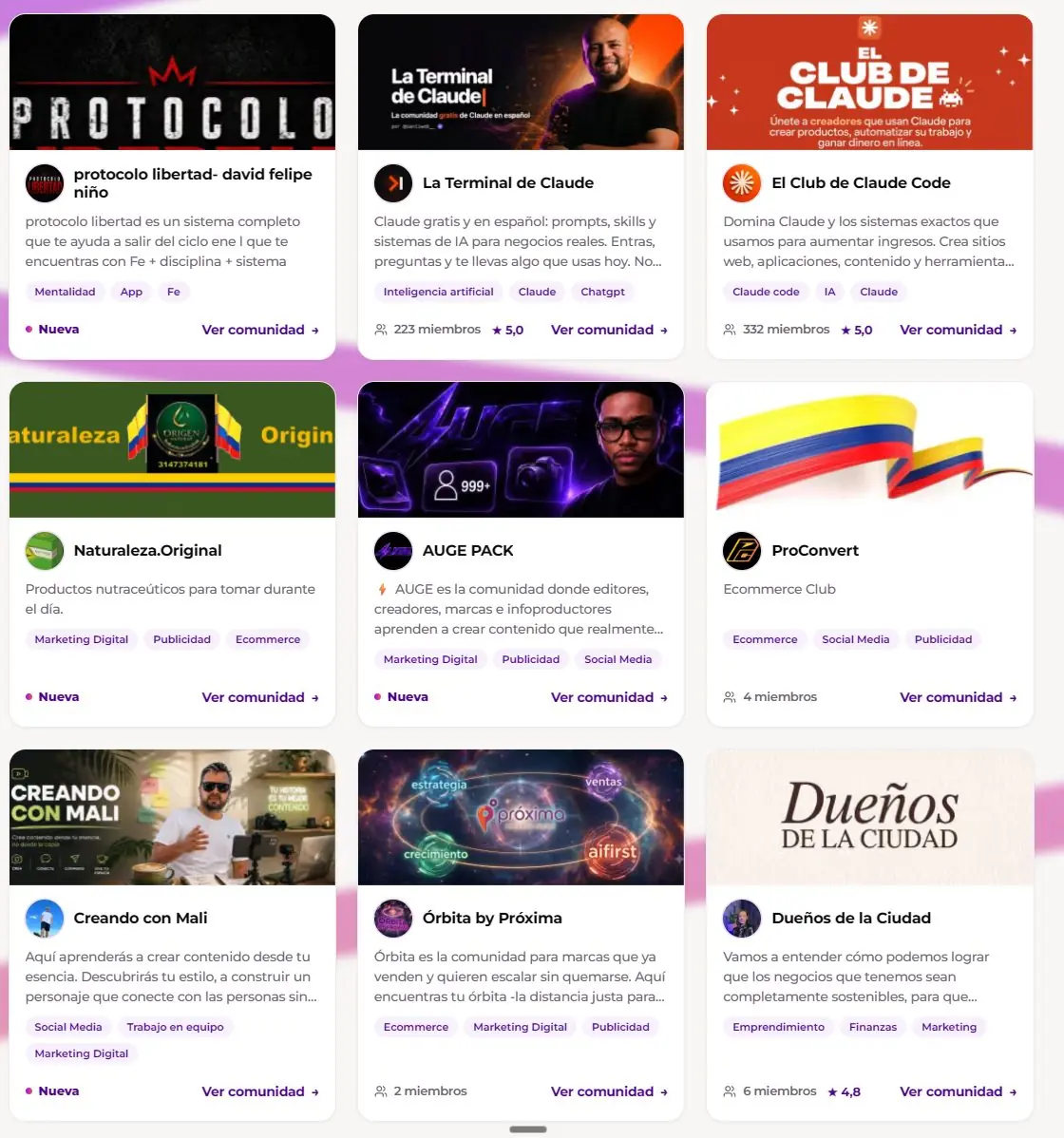 Explorar comunidades en WEMANY: La Terminal de Claude, El Club de Claude Code, Creando con Mali, Dueños de la Ciudad y más