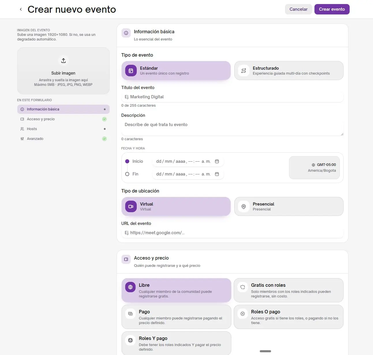 Crear evento en WEMANY: tipo estándar o estructurado y matriz de acceso libre, con roles, pago, roles o pago, roles y pago