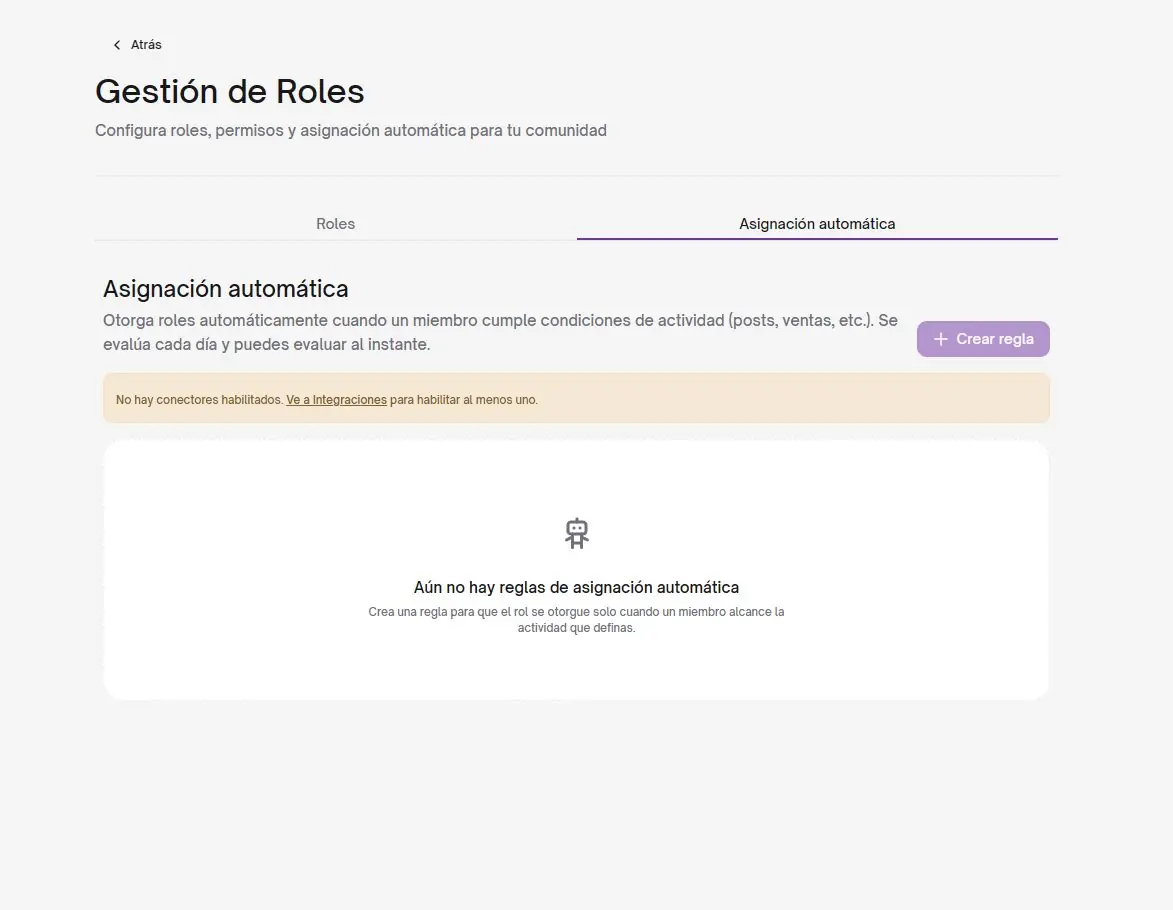 Gestión de roles en WEMANY: pestaña de asignación automática, donde una regla otorga un rol al cumplirse una condición